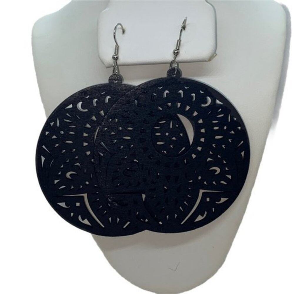 NWT Black Wood Perforated Laser-Cut Out Dangle Circle Earrings